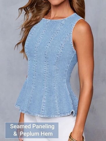 Women's Denim Peplum Tank Top, Summer Stretch Sleeveless Slim Jean Blouse with Contouring Seams and 4/5 Back Zipper in Saudi Arabia