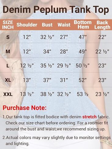 Women's Denim Peplum Tank Top, Summer Stretch Sleeveless Slim Jean Blouse with Contouring Seams and 4/5 Back Zipper in Saudi Arabia