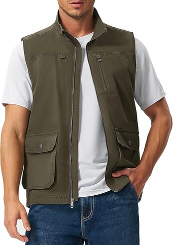 Rdruko Men's Travel Vest, Cotton Work Utility Vest 4 Pockets Stand Collar Full Zip Outdoor Safari Fishing Photographers Gilet in Saudi Arabia