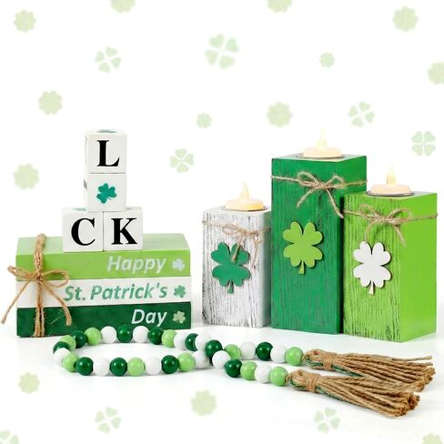 Sliner 14 Pcs St. Patrick's Day Table Decorations Wooden Votive Candle Holders with Battery Operated LED Book Bead Garland Tassel Irish Table Centerpiece for St. Patrick's Day Tabletop Home Decor in Saudi Arabia