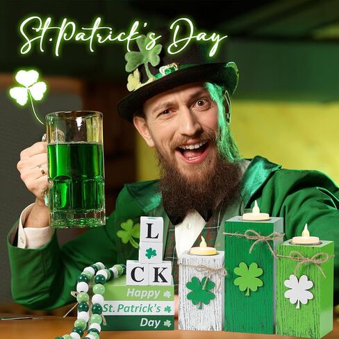 Sliner 14 Pcs St. Patrick's Day Table Decorations Wooden Votive Candle Holders with Battery Operated LED Book Bead Garland Tassel Irish Table Centerpiece for St. Patrick's Day Tabletop Home Decor in Saudi Arabia