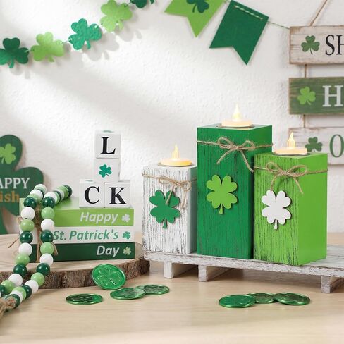 Sliner 14 Pcs St. Patrick's Day Table Decorations Wooden Votive Candle Holders with Battery Operated LED Book Bead Garland Tassel Irish Table Centerpiece for St. Patrick's Day Tabletop Home Decor in Saudi Arabia