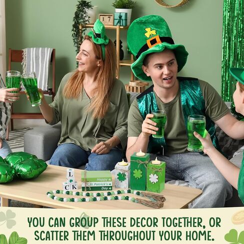 Sliner 14 Pcs St. Patrick's Day Table Decorations Wooden Votive Candle Holders with Battery Operated LED Book Bead Garland Tassel Irish Table Centerpiece for St. Patrick's Day Tabletop Home Decor in Saudi Arabia