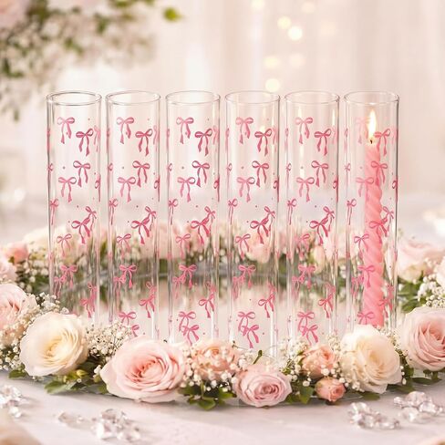 LemonRoad 6 Pcs Valentines Day Pink Bow Hurricane Glass Candle Holders 14 x 2.5 Inch Pink Cute Cylinder Candle Holders Chimney Tube Open Ended Bottomless Cylinder for Wedding Table Centerpiece Decor in Saudi Arabia