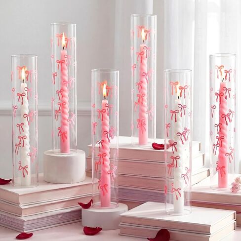 LemonRoad 6 Pcs Valentines Day Pink Bow Hurricane Glass Candle Holders 14 x 2.5 Inch Pink Cute Cylinder Candle Holders Chimney Tube Open Ended Bottomless Cylinder for Wedding Table Centerpiece Decor in Saudi Arabia