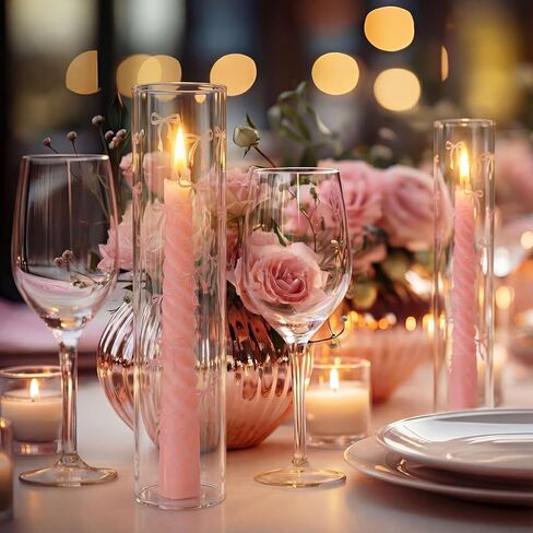 LemonRoad 6 Pcs Valentines Day Pink Bow Hurricane Glass Candle Holders 14 x 2.5 Inch Pink Cute Cylinder Candle Holders Chimney Tube Open Ended Bottomless Cylinder for Wedding Table Centerpiece Decor in Saudi Arabia