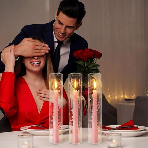 LemonRoad 6 Pcs Valentines Day Pink Bow Hurricane Glass Candle Holders 14 x 2.5 Inch Pink Cute Cylinder Candle Holders Chimney Tube Open Ended Bottomless Cylinder for Wedding Table Centerpiece Decor in Saudi Arabia