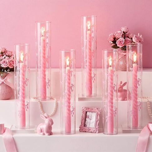 LemonRoad 6 Pcs Valentines Day Pink Bow Hurricane Glass Candle Holders 14 x 2.5 Inch Pink Cute Cylinder Candle Holders Chimney Tube Open Ended Bottomless Cylinder for Wedding Table Centerpiece Decor in Saudi Arabia