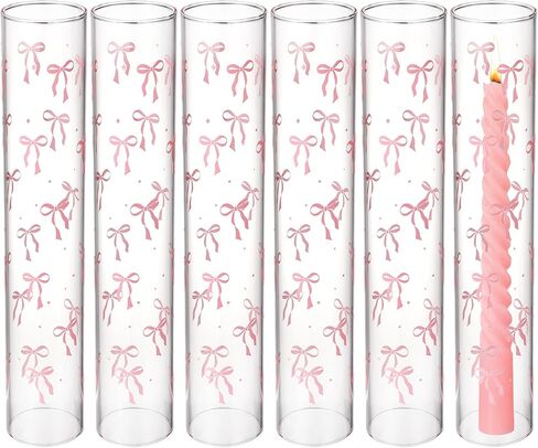 LemonRoad 6 Pcs Valentines Day Pink Bow Hurricane Glass Candle Holders 14 x 2.5 Inch Pink Cute Cylinder Candle Holders Chimney Tube Open Ended Bottomless Cylinder for Wedding Table Centerpiece Decor in Saudi Arabia