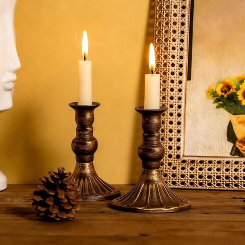 حاملات شموع المزرعة للشموع الدعامة - مجموعة من 2 شمعدانات مستدقة معدنية برونزية قديمة، ديكور مركزي للطاولة لغطاء المدفأة، وغرفة المعيشة، وغرفة الطعام (ذهبي نحاسي) in Kuwait