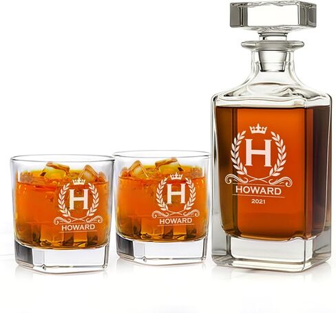 Personalized Whiskey Decanter Set W/ 2 Glasses. 12 Custom Designs, Engraved Liquor Decanter with Whiskey Glass Set, Birthday, Retirement, Father’s Day, or Men's Barware Gift – Elegant Bar Accessory in Saudi Arabia