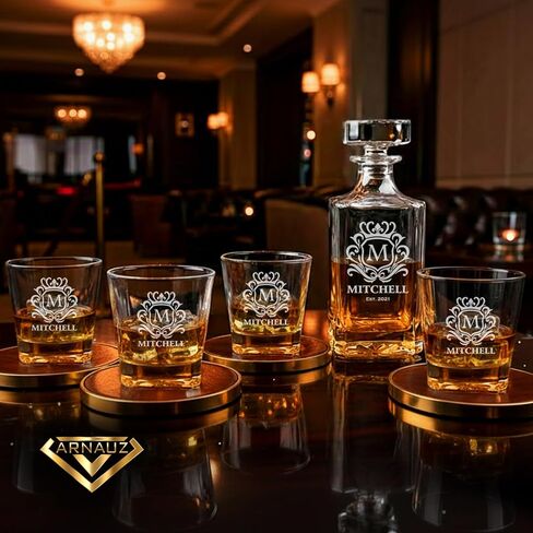Personalized Whiskey Decanter Set W/ 2 Glasses. 12 Custom Designs, Engraved Liquor Decanter with Whiskey Glass Set, Birthday, Retirement, Father’s Day, or Men's Barware Gift – Elegant Bar Accessory in Saudi Arabia