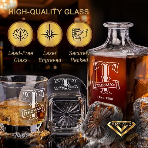 Personalized Whiskey Decanter Set W/ 2 Glasses. 12 Custom Designs, Engraved Liquor Decanter with Whiskey Glass Set, Birthday, Retirement, Father’s Day, or Men's Barware Gift – Elegant Bar Accessory in Saudi Arabia