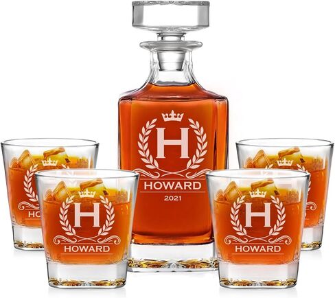 Personalized Whiskey Decanter Set W/ 4 Glasses. 12 Custom Designs, Engraved Liquor Decanter with Whiskey Glass Set, Birthday, Retirement, Father’s Day, or Men's Barware Gift – Elegant Bar Accessory in Saudi Arabia