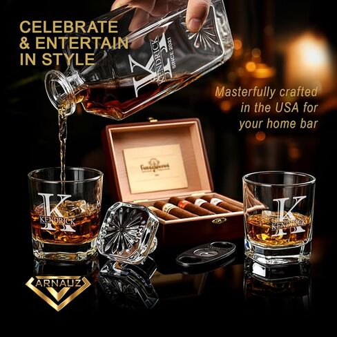 Personalized Whiskey Decanter Set W/ 4 Glasses. 12 Custom Designs, Engraved Liquor Decanter with Whiskey Glass Set, Birthday, Retirement, Father’s Day, or Men's Barware Gift – Elegant Bar Accessory in Saudi Arabia