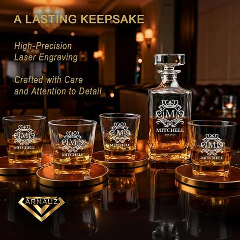Personalized Whiskey Decanter Set W/ 4 Glasses. 12 Custom Designs, Engraved Liquor Decanter with Whiskey Glass Set, Birthday, Retirement, Father’s Day, or Men's Barware Gift – Elegant Bar Accessory in Saudi Arabia