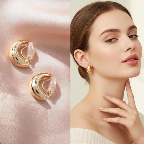 Gold Clip On Earrings for Women, Trendy Non Pierced Earrings Gold Chunky Small Huggie Hoops for Women Jewelry Gift in Saudi Arabia