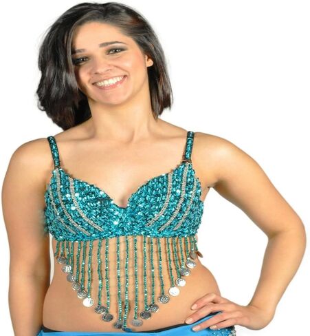 AK TRADING CO. Belly Dance Sequin Beaded Bra with Coin Fringe – Adjustable Glamorous Performance Top for Costumes & Dance in Saudi Arabia