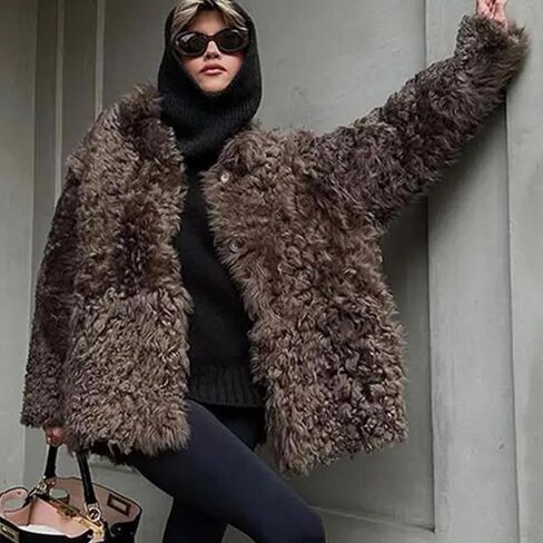 HOULENGS Womens Winter Faux Fur Long Sleeve Coats Lapel Button Down Sherpa Fleece Jackets Casual Fuzzy Outerwear with Pockets in Saudi Arabia