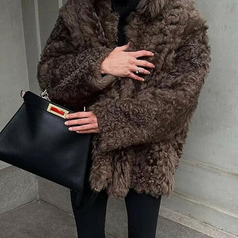 HOULENGS Womens Winter Faux Fur Long Sleeve Coats Lapel Button Down Sherpa Fleece Jackets Casual Fuzzy Outerwear with Pockets in Saudi Arabia