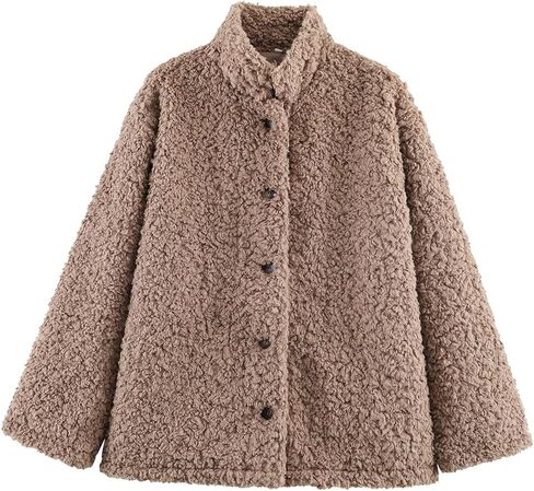 HOULENGS Womens Winter Faux Fur Long Sleeve Coats Lapel Button Down Sherpa Fleece Jackets Casual Fuzzy Outerwear with Pockets in Saudi Arabia