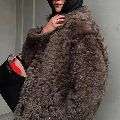HOULENGS Womens Winter Faux Fur Long Sleeve Coats Lapel Button Down Sherpa Fleece Jackets Casual Fuzzy Outerwear with Pockets in Saudi Arabia