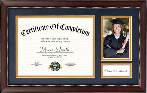 إطار خريج مقاس 11 × 18.5 لوثيقة شهادة مقاس 8.5 × 11، وعرض شهادة دبلوم مقاس 8.5 × 11 وصورة خريج مقاس 4 × 6، زجاج حقيقي، إطار من خشب الماهوجني مع سجادات مزدوجة باللون الأزرق فوق الذهبي in Kuwait