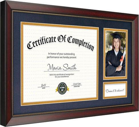 إطار خريج مقاس 11 × 18.5 لوثيقة شهادة مقاس 8.5 × 11، وعرض شهادة دبلوم مقاس 8.5 × 11 وصورة خريج مقاس 4 × 6، زجاج حقيقي، إطار من خشب الماهوجني مع سجادات مزدوجة باللون الأزرق فوق الذهبي in Kuwait