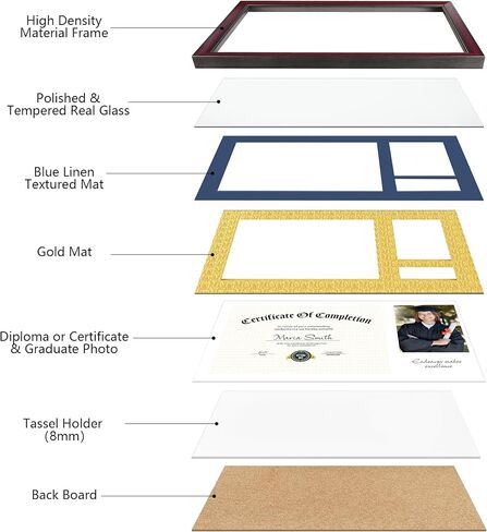 إطار خريج مقاس 11 × 18.5 لوثيقة شهادة مقاس 8.5 × 11، وعرض شهادة دبلوم مقاس 8.5 × 11 وصورة خريج مقاس 4 × 6، زجاج حقيقي، إطار من خشب الماهوجني مع سجادات مزدوجة باللون الأزرق فوق الذهبي in Kuwait