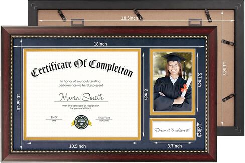 إطار خريج مقاس 11 × 18.5 لوثيقة شهادة مقاس 8.5 × 11، وعرض شهادة دبلوم مقاس 8.5 × 11 وصورة خريج مقاس 4 × 6، زجاج حقيقي، إطار من خشب الماهوجني مع سجادات مزدوجة باللون الأزرق فوق الذهبي in Kuwait