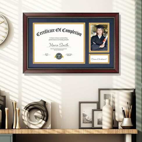 إطار خريج مقاس 11 × 18.5 لوثيقة شهادة مقاس 8.5 × 11، وعرض شهادة دبلوم مقاس 8.5 × 11 وصورة خريج مقاس 4 × 6، زجاج حقيقي، إطار من خشب الماهوجني مع سجادات مزدوجة باللون الأزرق فوق الذهبي in Kuwait