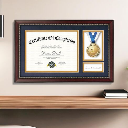 إطار خريج مقاس 11 × 18.5 لوثيقة شهادة مقاس 8.5 × 11، وعرض شهادة دبلوم مقاس 8.5 × 11 وصورة خريج مقاس 4 × 6، زجاج حقيقي، إطار من خشب الماهوجني مع سجادات مزدوجة باللون الأزرق فوق الذهبي in Kuwait