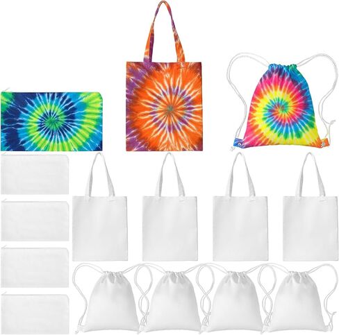 12 Pack White Cotton Bags for Tie Dye, 3-Style DIY Craft Kit with Drawstring Backpacks, Tote & Makeup Pouches in Saudi Arabia
