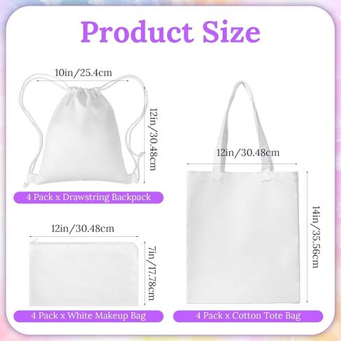 12 Pack White Cotton Bags for Tie Dye, 3-Style DIY Craft Kit with Drawstring Backpacks, Tote & Makeup Pouches in Saudi Arabia