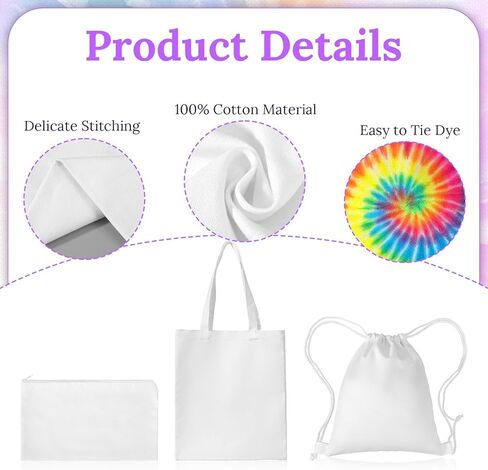 12 Pack White Cotton Bags for Tie Dye, 3-Style DIY Craft Kit with Drawstring Backpacks, Tote & Makeup Pouches in Saudi Arabia