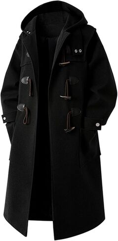 Men's Hooded Trench Coat Horn Button Long Pea Coat Jacket Casual Fall Winter Overcoat in Saudi Arabia