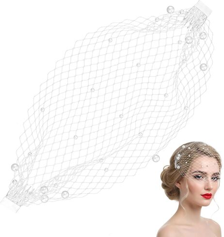 Pearl Birdcage Veil 14.5x8.3inches White Mesh Veil Headpiece with Pearl Bridal Veils Fascinator with Hair Comb 1920s Flapper Fascinator Mesh Veils for Tea Party Christmas Valentine's Day Accessories in Saudi Arabia