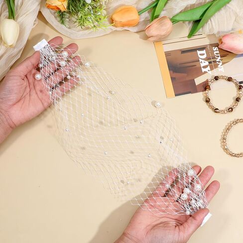 Pearl Birdcage Veil 14.5x8.3inches White Mesh Veil Headpiece with Pearl Bridal Veils Fascinator with Hair Comb 1920s Flapper Fascinator Mesh Veils for Tea Party Christmas Valentine's Day Accessories in Saudi Arabia