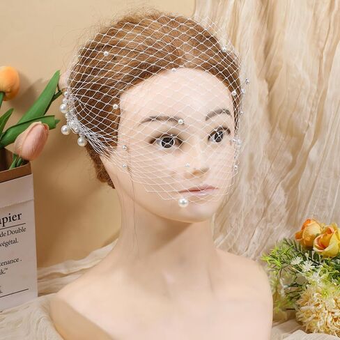 Pearl Birdcage Veil 14.5x8.3inches White Mesh Veil Headpiece with Pearl Bridal Veils Fascinator with Hair Comb 1920s Flapper Fascinator Mesh Veils for Tea Party Christmas Valentine's Day Accessories in Saudi Arabia