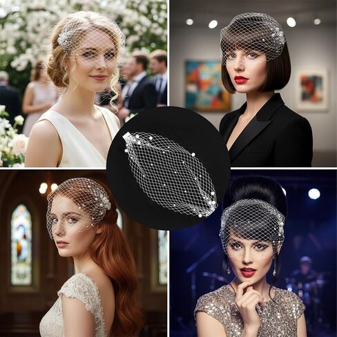 Pearl Birdcage Veil 14.5x8.3inches White Mesh Veil Headpiece with Pearl Bridal Veils Fascinator with Hair Comb 1920s Flapper Fascinator Mesh Veils for Tea Party Christmas Valentine's Day Accessories in Saudi Arabia
