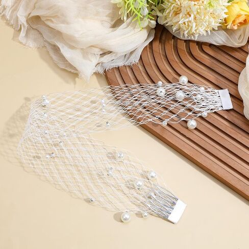 Pearl Birdcage Veil 14.5x8.3inches White Mesh Veil Headpiece with Pearl Bridal Veils Fascinator with Hair Comb 1920s Flapper Fascinator Mesh Veils for Tea Party Christmas Valentine's Day Accessories in Saudi Arabia