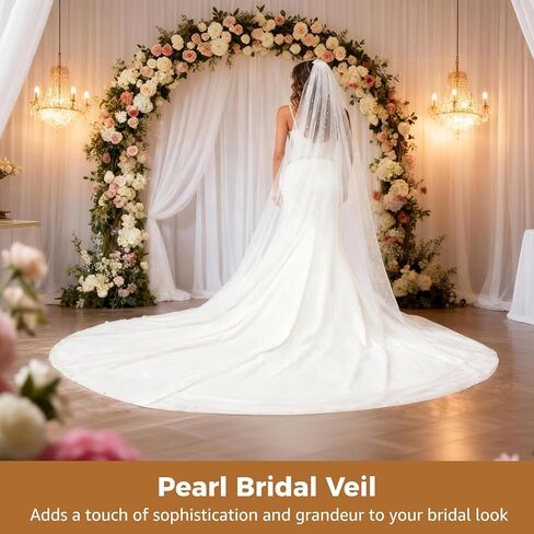 Wedding Veil Cathedral Length, Pearl Bridal Veil, White 1 Tier Wedding Veil, Elegant Bridal Veil for Wedding, Length 9.8 ft / 3 m in Saudi Arabia