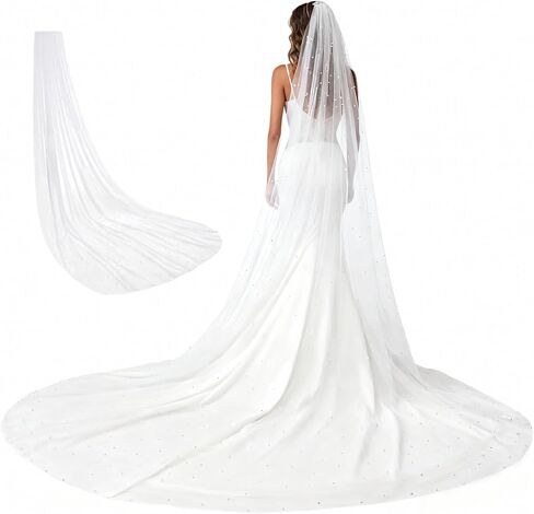 Wedding Veil Cathedral Length, Pearl Bridal Veil, White 1 Tier Wedding Veil, Elegant Bridal Veil for Wedding, Length 9.8 ft / 3 m in Saudi Arabia