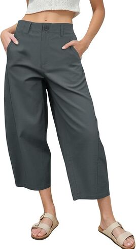 سراويل نسائية ذات أرجل برميلية كاجوال عالية الخصر صيفية فضفاضة سراويل حريم عصرية بخصر مطاطي مع جيوب in Kuwait