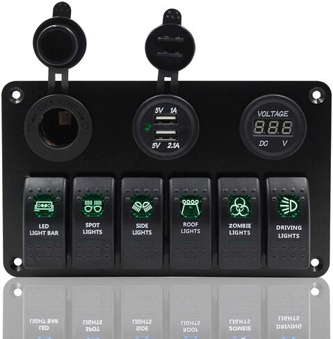 Riloer 6 Gang Rocker Switch Panel Fuse Panel Waterproof, Digital Voltmeter Display, Dual USB Charger Port DC 12V Power Socket, for RV Marine Car Vehicles Truck Boat, Green Light, Green Light in Saudi Arabia