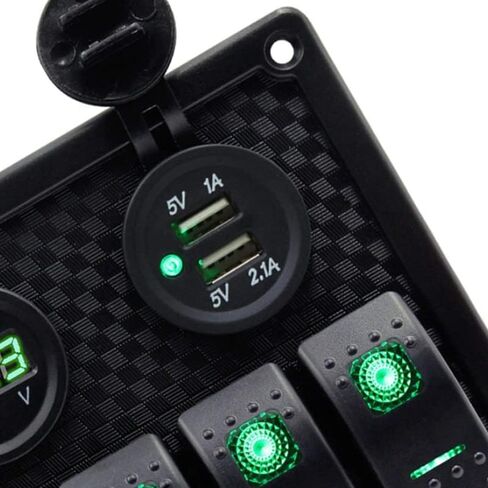 Riloer 6 Gang Rocker Switch Panel Fuse Panel Waterproof, Digital Voltmeter Display, Dual USB Charger Port DC 12V Power Socket, for RV Marine Car Vehicles Truck Boat, Green Light, Green Light in Saudi Arabia