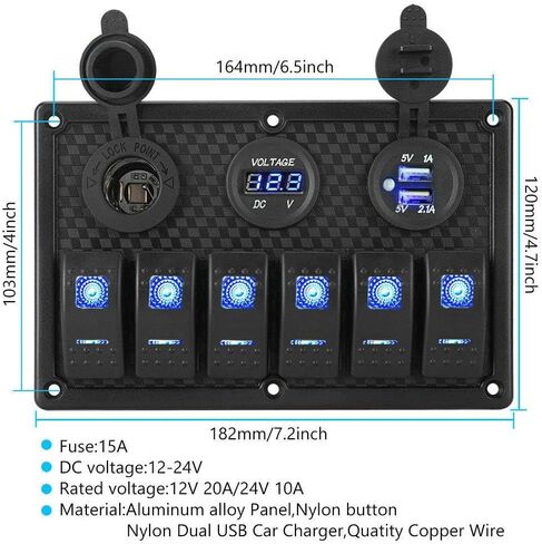 Riloer 6 Gang Rocker Switch Panel Fuse Panel Waterproof, Digital Voltmeter Display, Dual USB Charger Port DC 12V Power Socket, for RV Marine Car Vehicles Truck Boat, Green Light, Green Light in Saudi Arabia