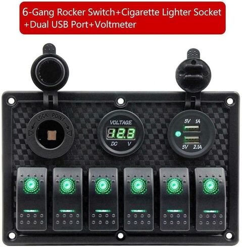 Riloer 6 Gang Rocker Switch Panel Fuse Panel Waterproof, Digital Voltmeter Display, Dual USB Charger Port DC 12V Power Socket, for RV Marine Car Vehicles Truck Boat, Green Light, Green Light in Saudi Arabia