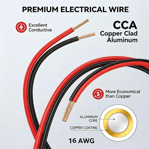 16 سلك قياس 50 قدم، 16 AWG أحمر وأسود 2 موصل سلك مكبر صوت مطلي بالنحاس من الألومنيوم سلك كهربائي للسيارات 16/2 لـ 12 فولت/24 فولت تيار مستمر، السيارات، صوت السيارة، المسرح المنزلي، شرائط LED، الإضاءة in Kuwait