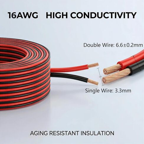 16 سلك قياس 50 قدم، 16 AWG أحمر وأسود 2 موصل سلك مكبر صوت مطلي بالنحاس من الألومنيوم سلك كهربائي للسيارات 16/2 لـ 12 فولت/24 فولت تيار مستمر، السيارات، صوت السيارة، المسرح المنزلي، شرائط LED، الإضاءة in Kuwait
